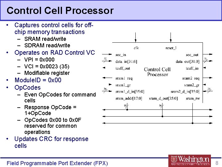 Control Cell Processor • Captures control cells for offchip memory transactions – SRAM read/write