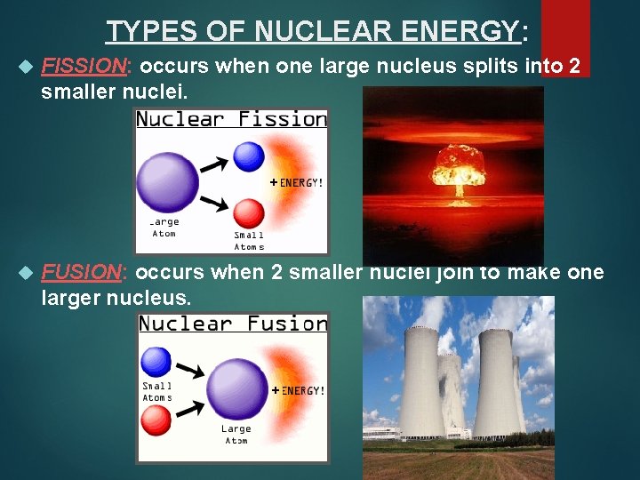 TYPES OF NUCLEAR ENERGY: FISSION: occurs when one large nucleus splits into 2 smaller TYPES OF NUCLEAR ENERGY: FISSION: occurs when one large nucleus splits into 2 smaller