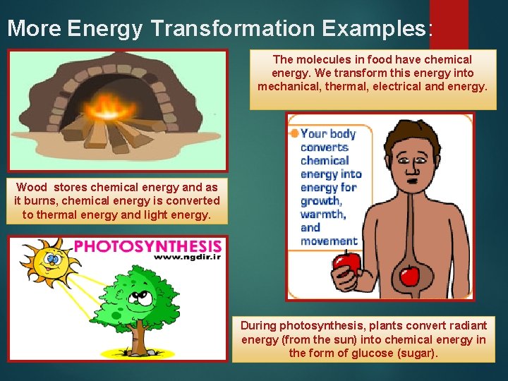 More Energy Transformation Examples: The molecules in food have chemical energy. We transform this More Energy Transformation Examples: The molecules in food have chemical energy. We transform this