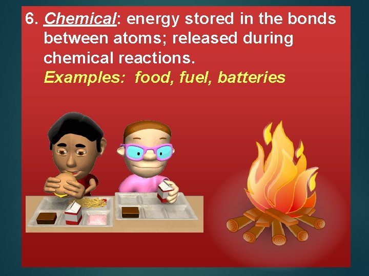 6. Chemical: energy stored in the bonds between atoms; released during chemical reactions. Examples: 6. Chemical: energy stored in the bonds between atoms; released during chemical reactions. Examples: