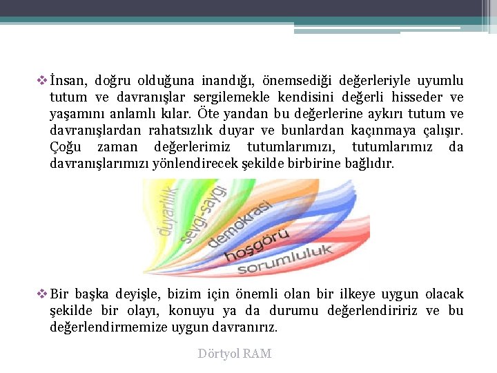 v İnsan, doğru olduğuna inandığı, önemsediği değerleriyle uyumlu tutum ve davranışlar sergilemekle kendisini değerli