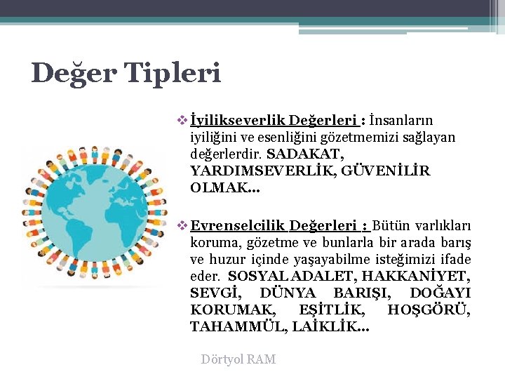 Değer Tipleri v İyilikseverlik Değerleri : İnsanların iyiliğini ve esenliğini gözetmemizi sağlayan değerlerdir. SADAKAT,