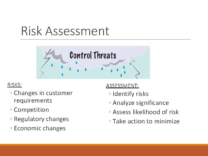 Risk Assessment RISKS: ◦ Changes in customer requirements ◦ Competition ◦ Regulatory changes ◦