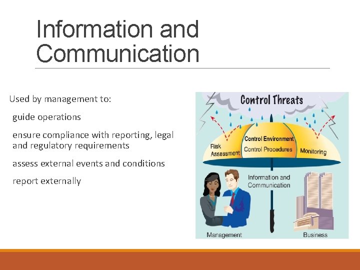 Information and Communication Used by management to: guide operations ensure compliance with reporting, legal