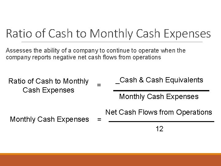 Ratio of Cash to Monthly Cash Expenses Assesses the ability of a company to