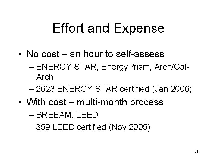 Effort and Expense • No cost – an hour to self-assess – ENERGY STAR,