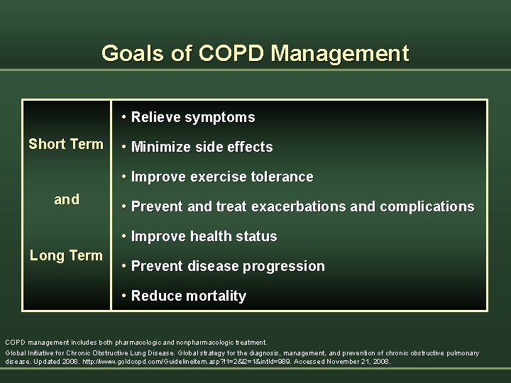 Goals of COPD Management • Relieve symptoms Short Term • Minimize side effects •