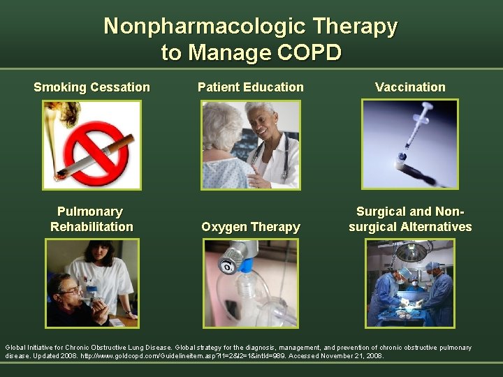 Nonpharmacologic Therapy to Manage COPD Smoking Cessation Pulmonary Rehabilitation Patient Education Vaccination Oxygen Therapy