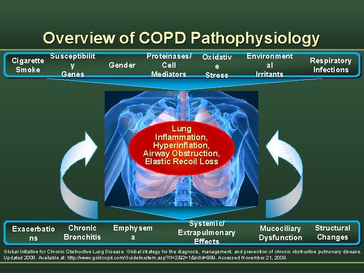 Overview of COPD Pathophysiology Cigarette Smoke Susceptibilit y Genes Gender Proteinases/ Cell Mediators Oxidativ