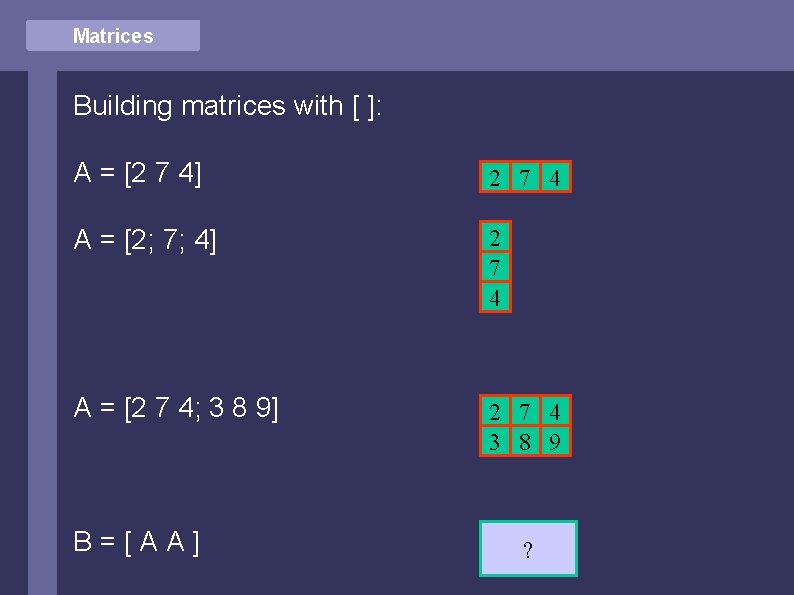 Matrices Building matrices with [ ]: A = [2 7 4] 2 7 4