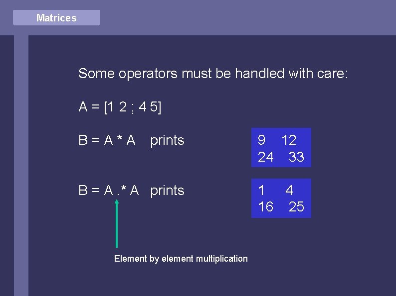 Matrices Some operators must be handled with care: A = [1 2 ; 4