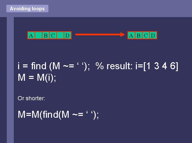 Avoiding loops A B C D i = find (M ~= ‘ ‘); %