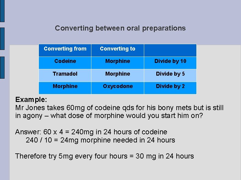 Converting between oral preparations Converting from Converting to Codeine Morphine Divide by 10 Tramadol