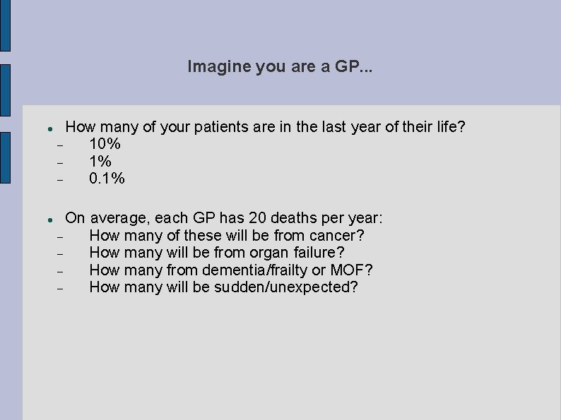 Imagine you are a GP. . . How many of your patients are in