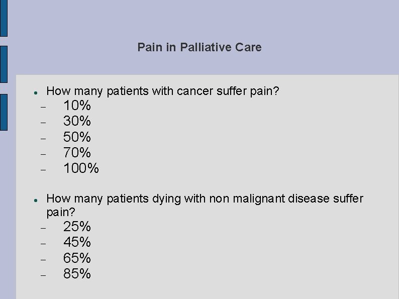 Pain in Palliative Care How many patients with cancer suffer pain? 10% 30% 50%