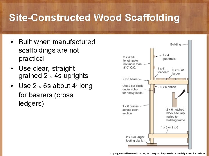 Site-Constructed Wood Scaffolding • Built when manufactured scaffoldings are not practical • Use clear,