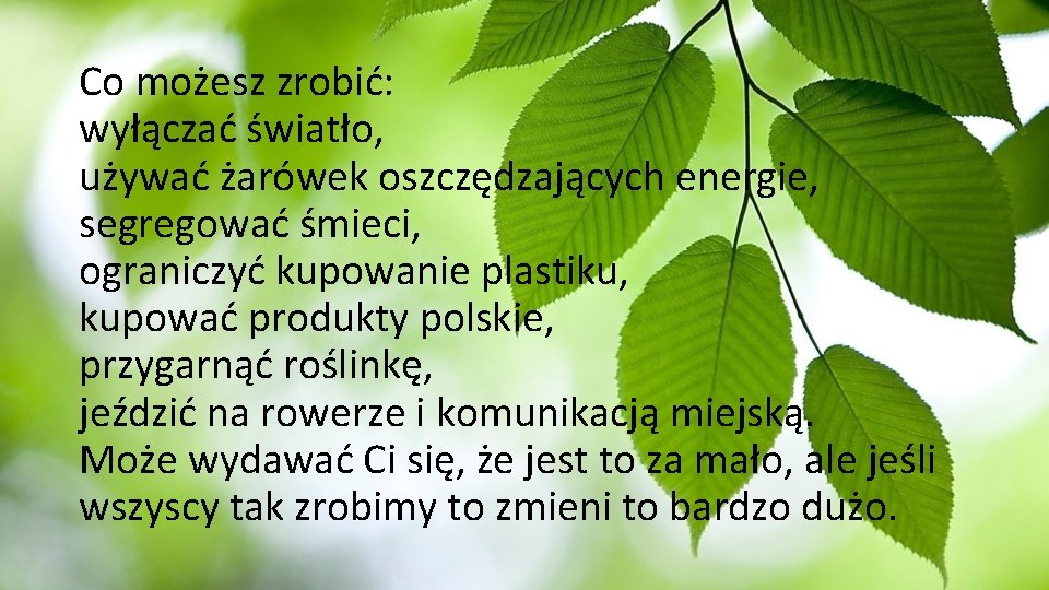 Co możesz zrobić: wyłączać światło, używać żarówek oszczędzających energie, segregować śmieci, ograniczyć kupowanie plastiku,