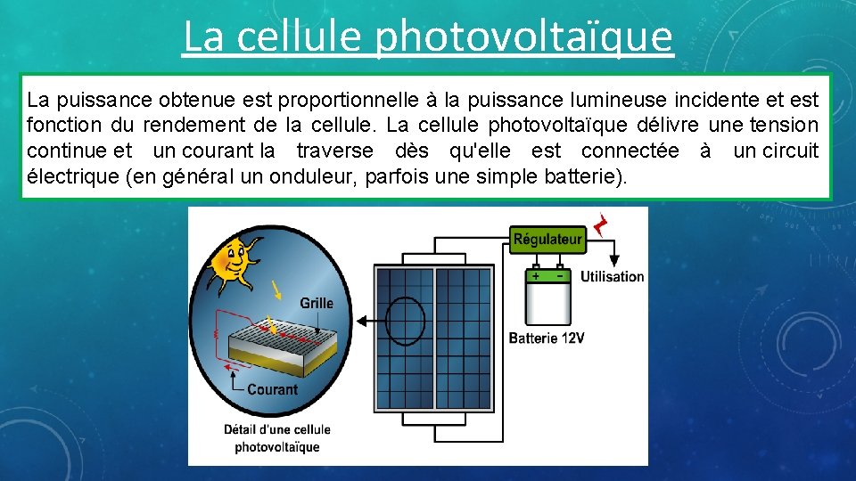 La cellule photovoltaïque La puissance obtenue est proportionnelle à la puissance lumineuse incidente et