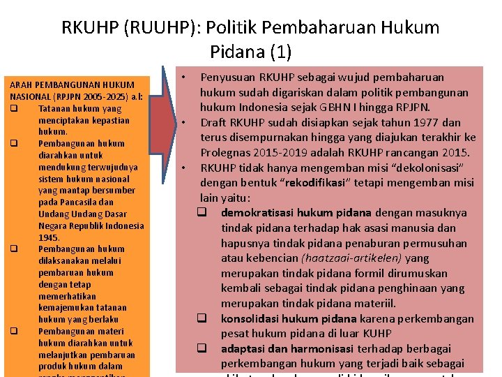 RKUHP (RUUHP): Politik Pembaharuan Hukum Pidana (1) ARAH PEMBANGUNAN HUKUM NASIONAL (RPJPN 2005 -2025)