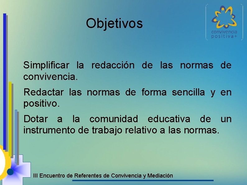 Objetivos Simplificar la redacción de las normas de convivencia. Redactar las normas de forma