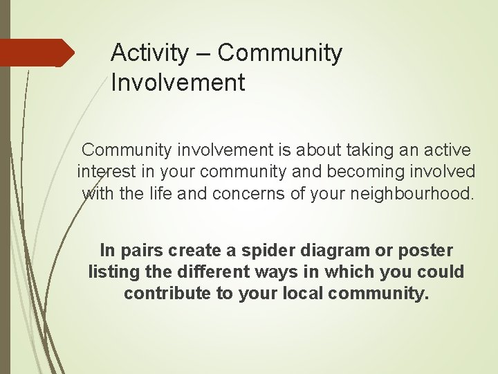 Activity – Community Involvement Community involvement is about taking an active interest in your