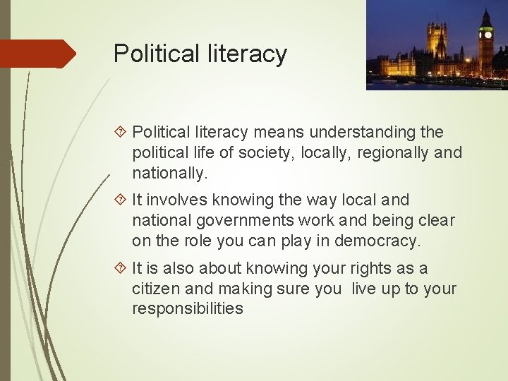 Political literacy means understanding the political life of society, locally, regionally and nationally. It