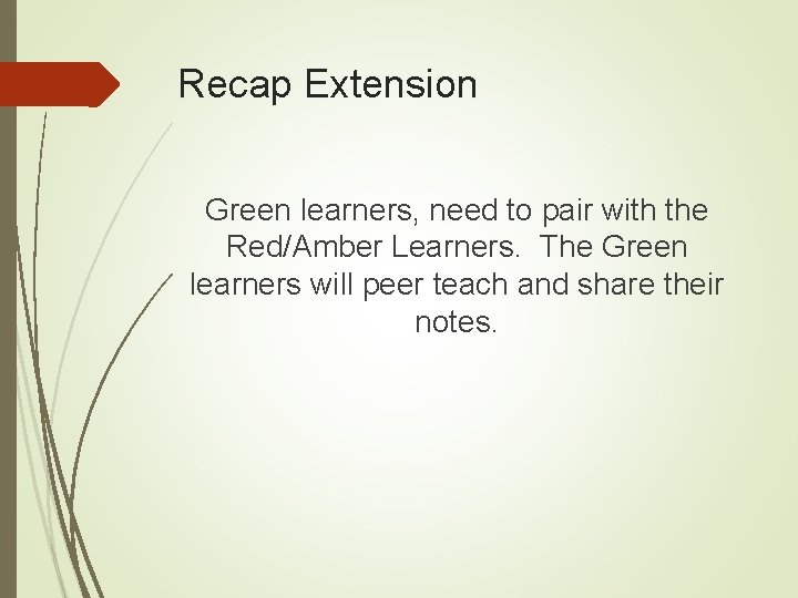 Recap Extension Green learners, need to pair with the Red/Amber Learners. The Green learners