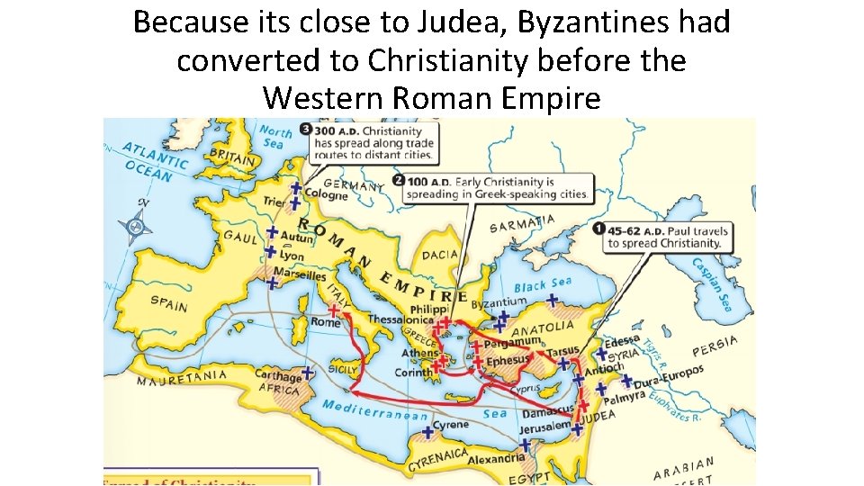 Because its close to Judea, Byzantines had converted to Christianity before the Western Roman
