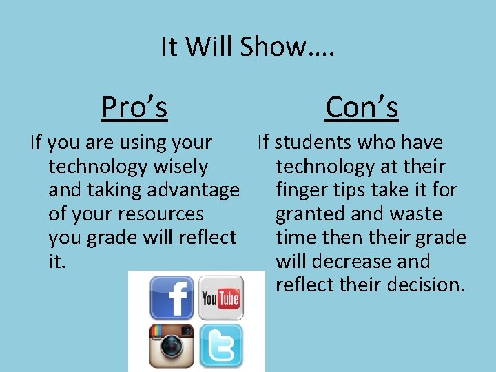 It Will Show…. Pro’s Con’s If you are using your If students who have