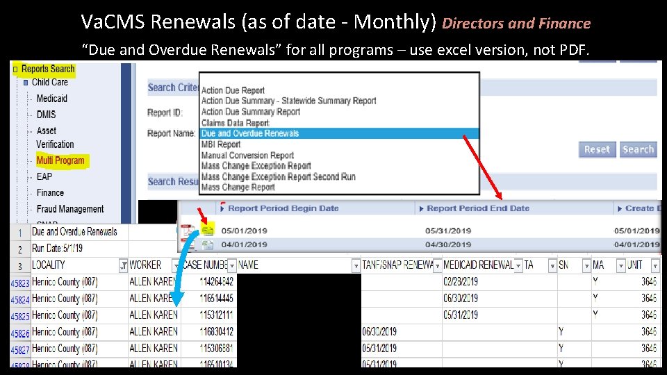 Va. CMS Renewals (as of date - Monthly) Directors and Finance “Due and Overdue