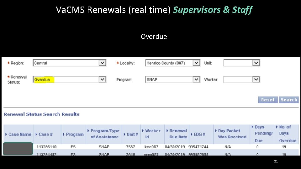 Va. CMS Renewals (real time) Supervisors & Staff Overdue 21 