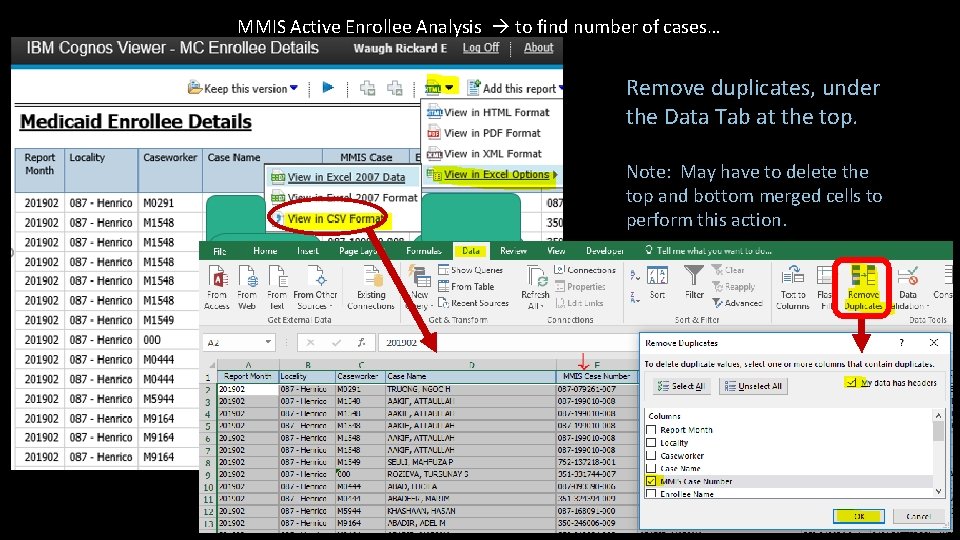 MMIS Active Enrollee Analysis to find number of cases… Remove duplicates, under the Data