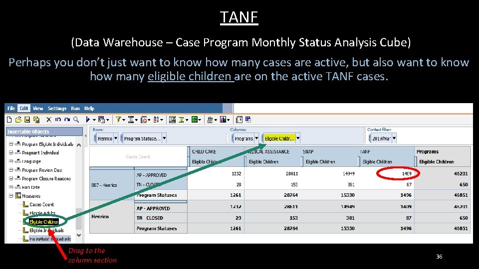 TANF (Data Warehouse – Case Program Monthly Status Analysis Cube) Perhaps you don’t just