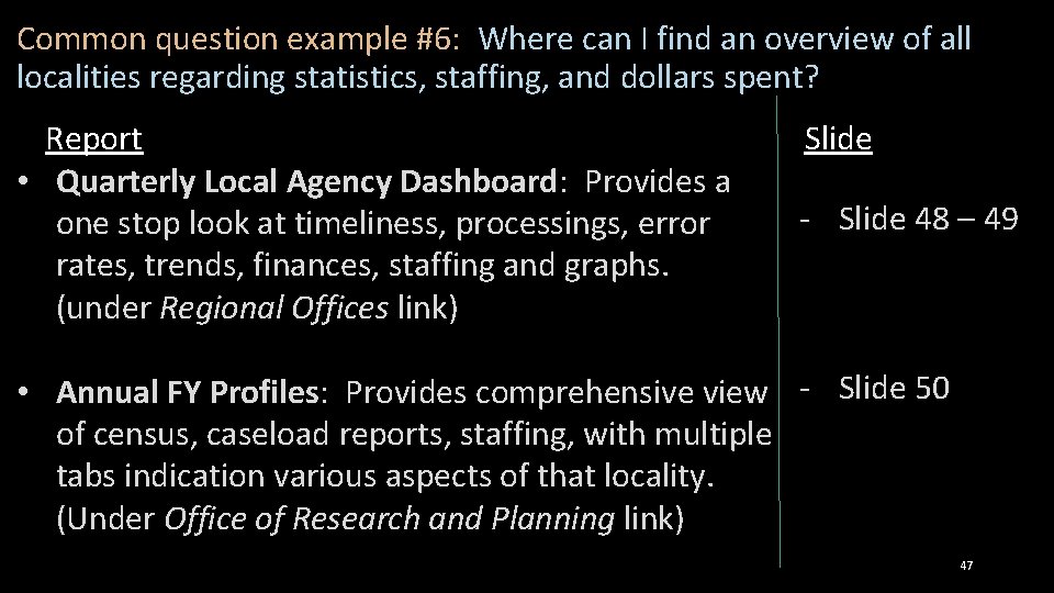 Common question example #6: Where can I find an overview of all localities regarding