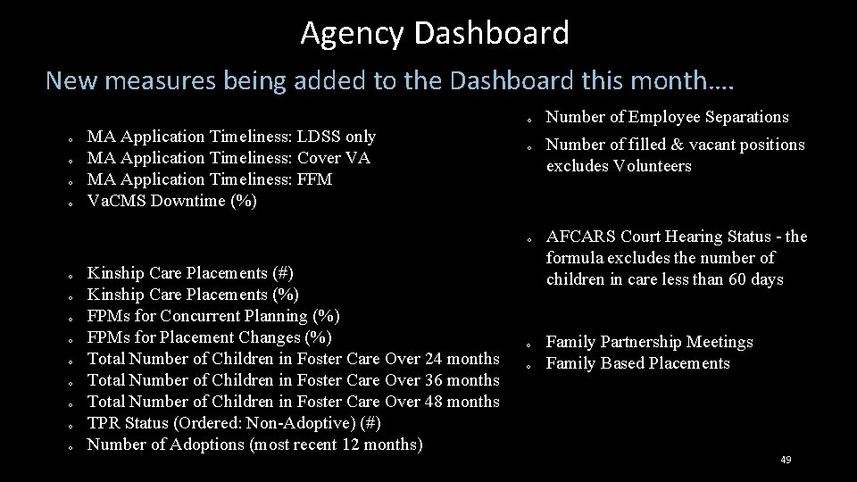 Agency Dashboard New measures being added to the Dashboard this month…. o o o