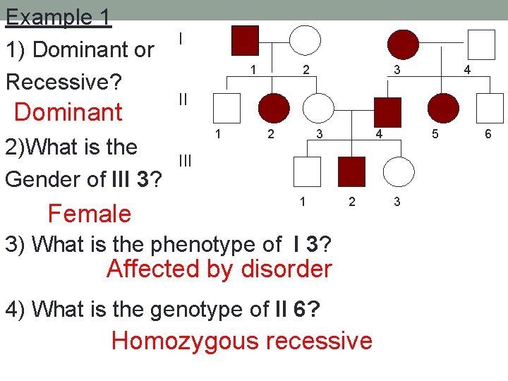 Example 1 1) Dominant or Recessive? Dominant 2)What is the Gender of III 3?