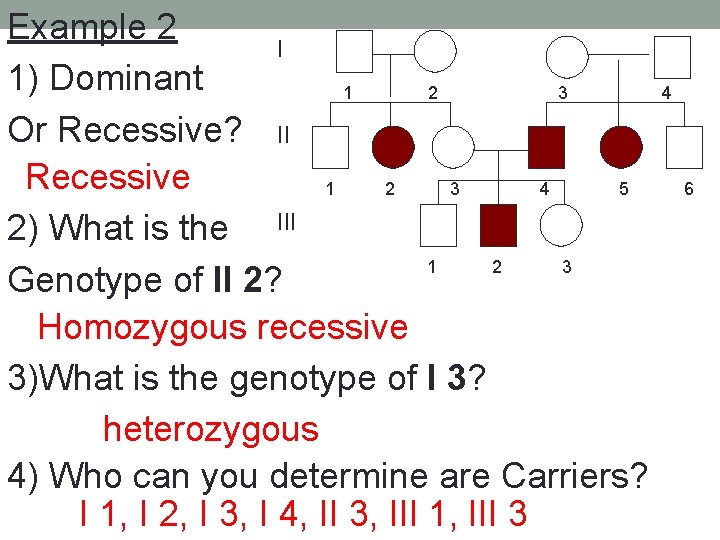 Example 2 I 1) Dominant 1 2 3 Or Recessive? II Recessive 1 2