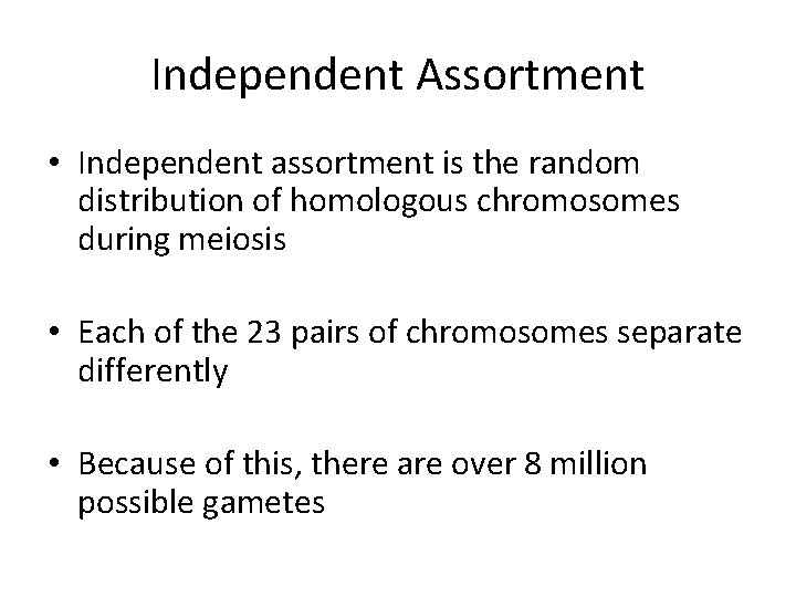 Independent Assortment • Independent assortment is the random distribution of homologous chromosomes during meiosis