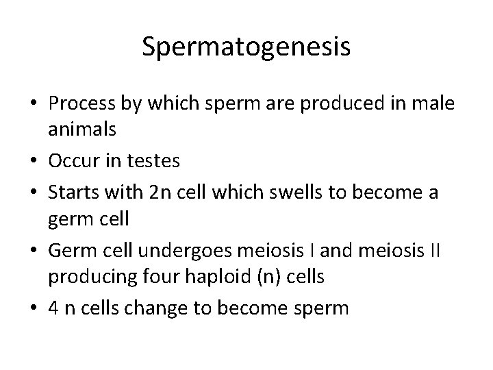 Spermatogenesis • Process by which sperm are produced in male animals • Occur in