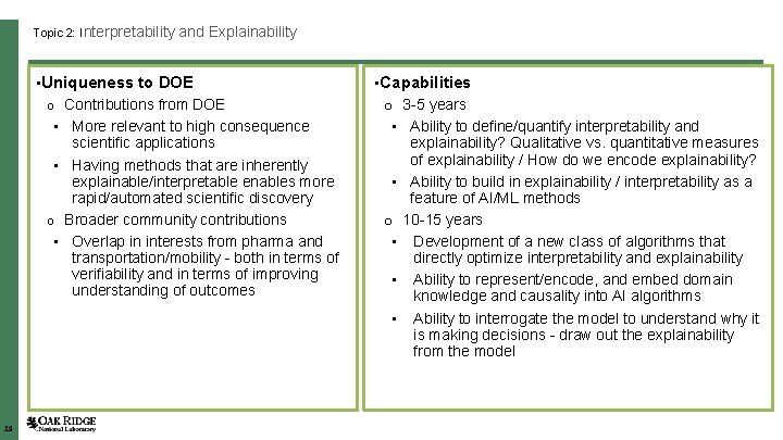 Topic 2: Interpretability and Explainability • Uniqueness to DOE o Contributions from DOE ▪