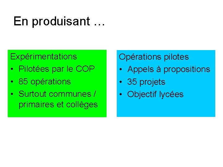 En produisant … Expérimentations • Pilotées par le COP • 85 opérations • Surtout