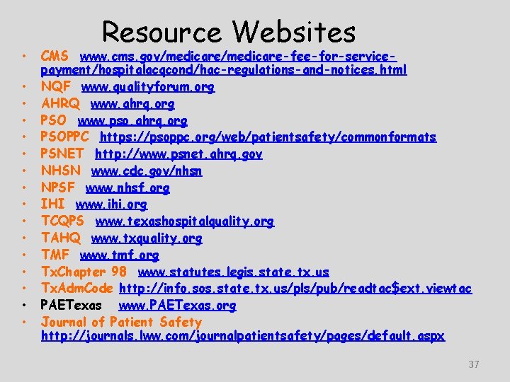  • • • • Resource Websites CMS www. cms. gov/medicare-fee-for-servicepayment/hospitalacqcond/hac-regulations-and-notices. html NQF www.