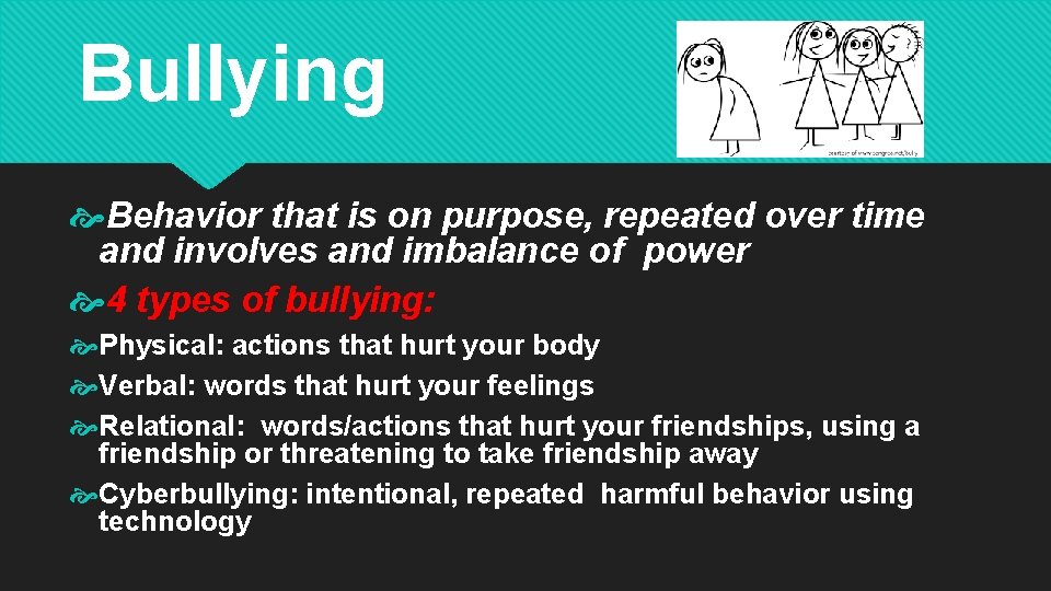 Bullying Behavior that is on purpose, repeated over time and involves and imbalance of