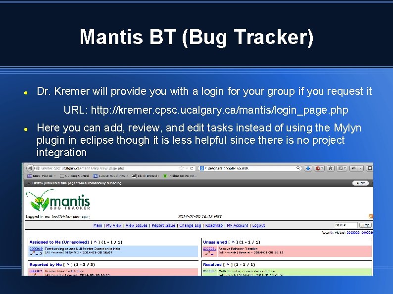 Mantis BT (Bug Tracker) Dr. Kremer will provide you with a login for your