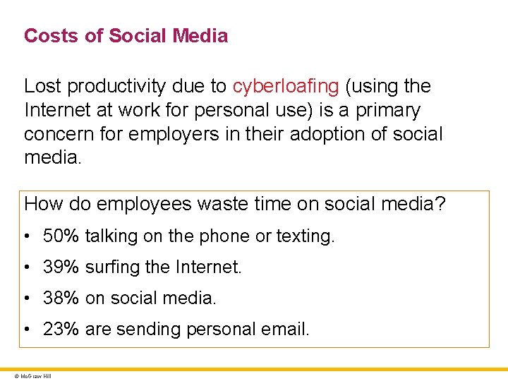 Costs of Social Media Lost productivity due to cyberloafing (using the Internet at work