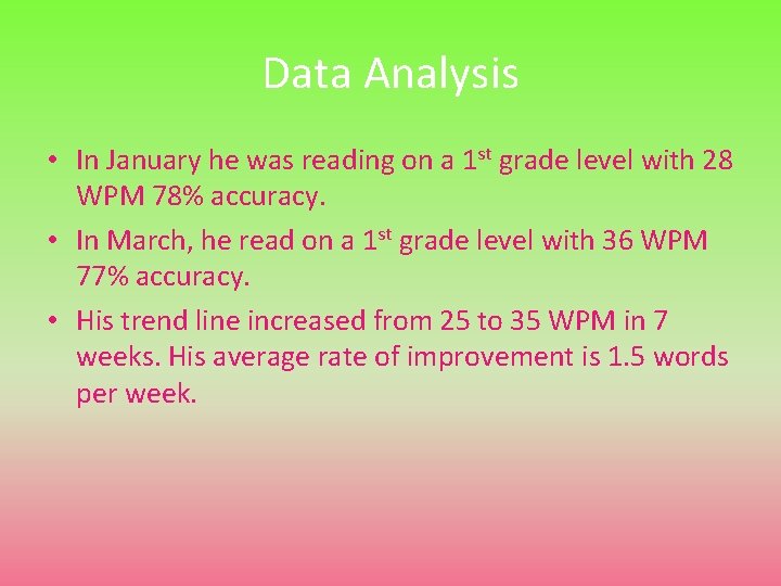 Data Analysis • In January he was reading on a 1 st grade level