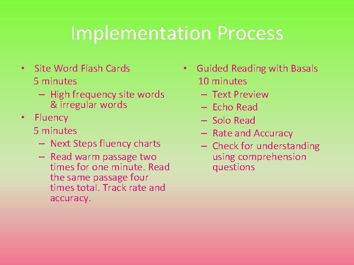 Implementation Process • Site Word Flash Cards 5 minutes – High frequency site words