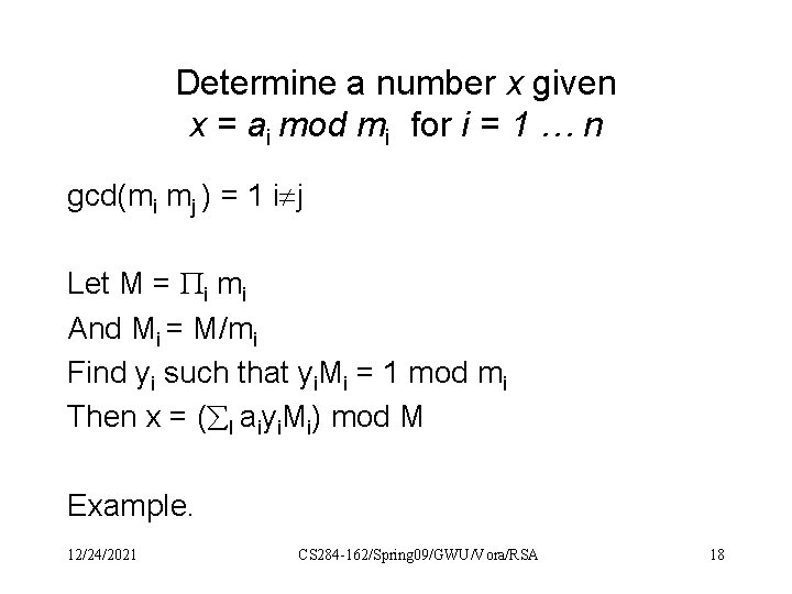 Determine a number x given x = ai mod mi for i = 1