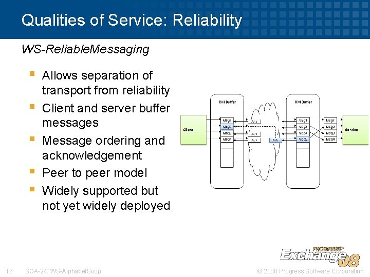 Qualities of Service: Reliability WS-Reliable. Messaging § § § 16 Allows separation of transport