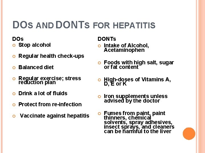 DOS AND DONTS FOR HEPATITIS DOs Stop alcohol Regular health check-ups Balanced diet Regular